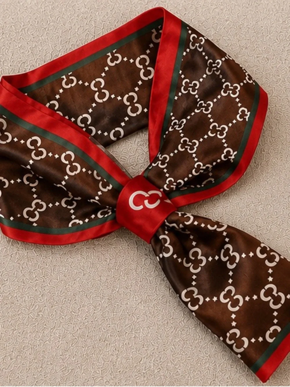 Designer Inspired Twilly Scarf Brown, Red & Green Chain Print Hair Scarf